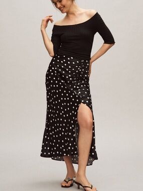 Maeve Cream Ruched Side-Slit Midi Skirt Black  & Cream Size M